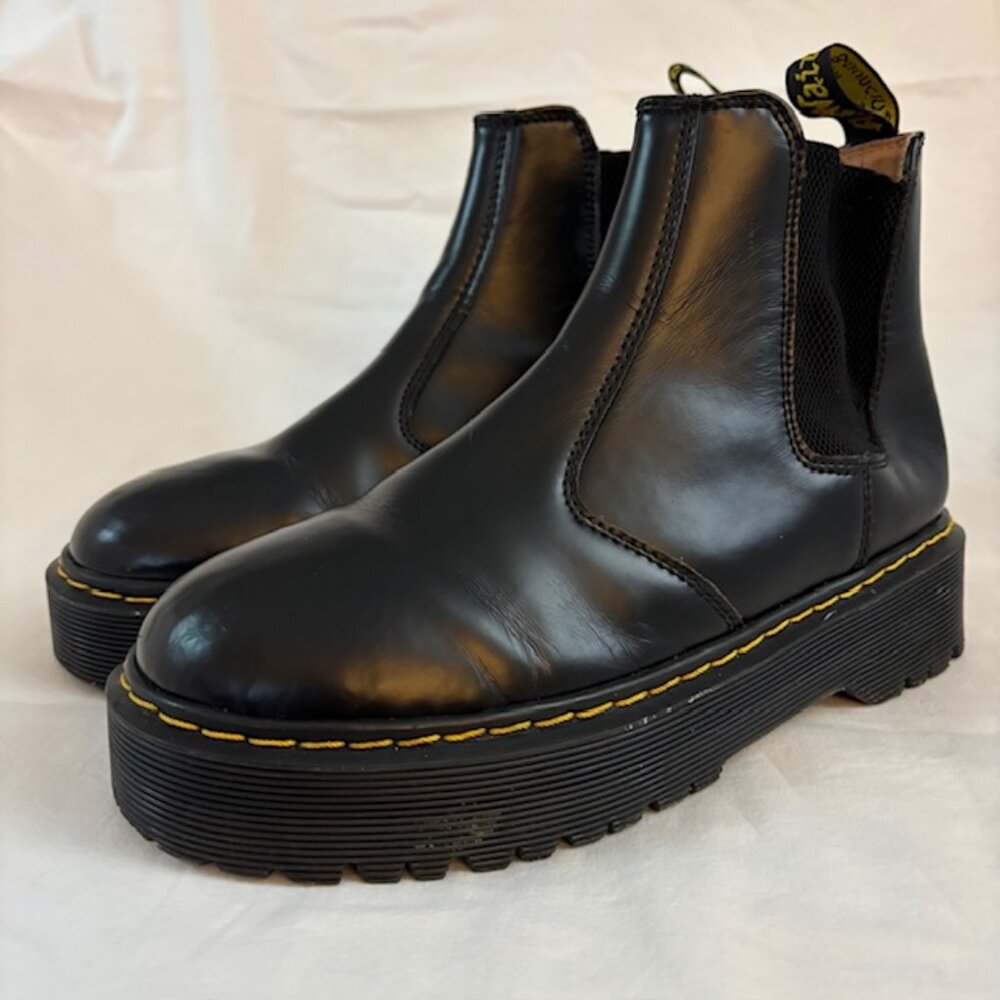 Dr. Martens Black Leather Chelsea Platform Boots with Yellow Stitching